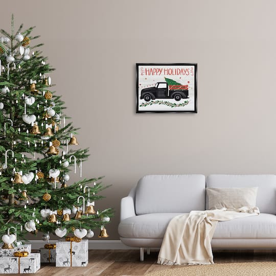 Stupell Industries Happy Holidays Christmas Tree Truck Framed Floater Canvas Wall Art
